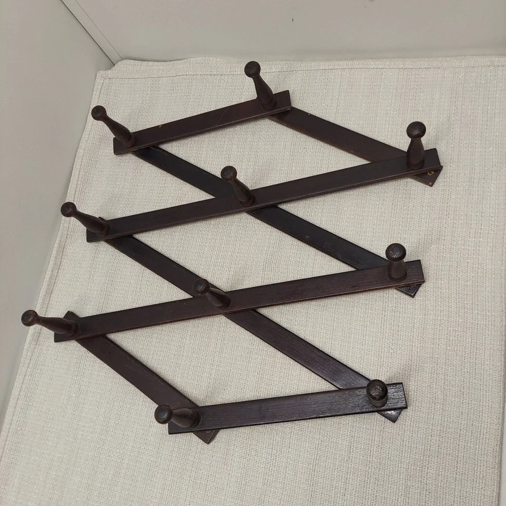 Vintage Wooden Accordion Wall Rack 10 Peg Expandable Hat Coat Hanger Dark Brown